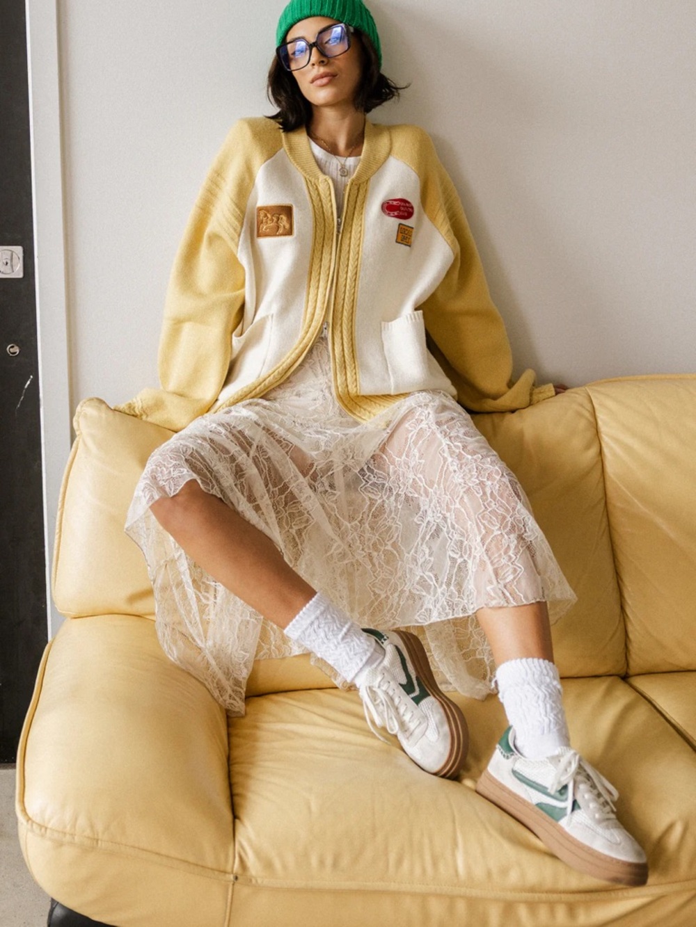 bohme Yellow and Cream Zip-Front Patch Sweater - Picture 5 of 13